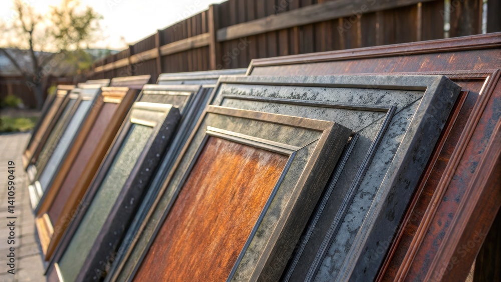 Poster a medium closeup showcasing the unique color patterns of weathered steel frames under the sun reflec