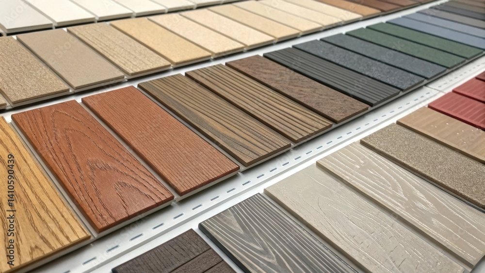 Aufkleber A medium closeup showcasing the varied colors and patterns of exterior cladding samples laid out for selection allowing customization in design aesthetics.