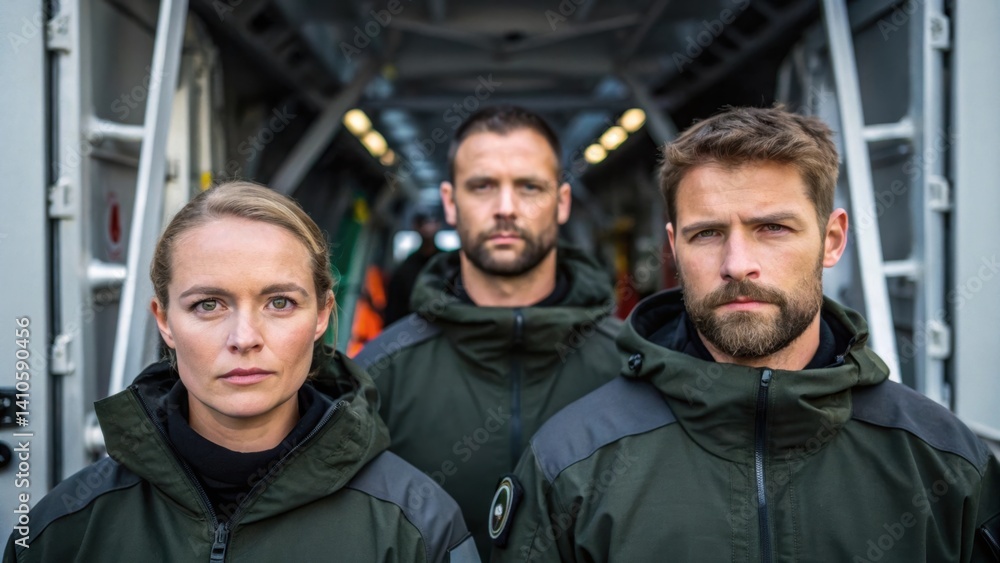 Poster A medium closeup showing a team conducting final checks on a lightweight structure capturing their focused expressions amidst the backdrop of a rapid deployment scenario.