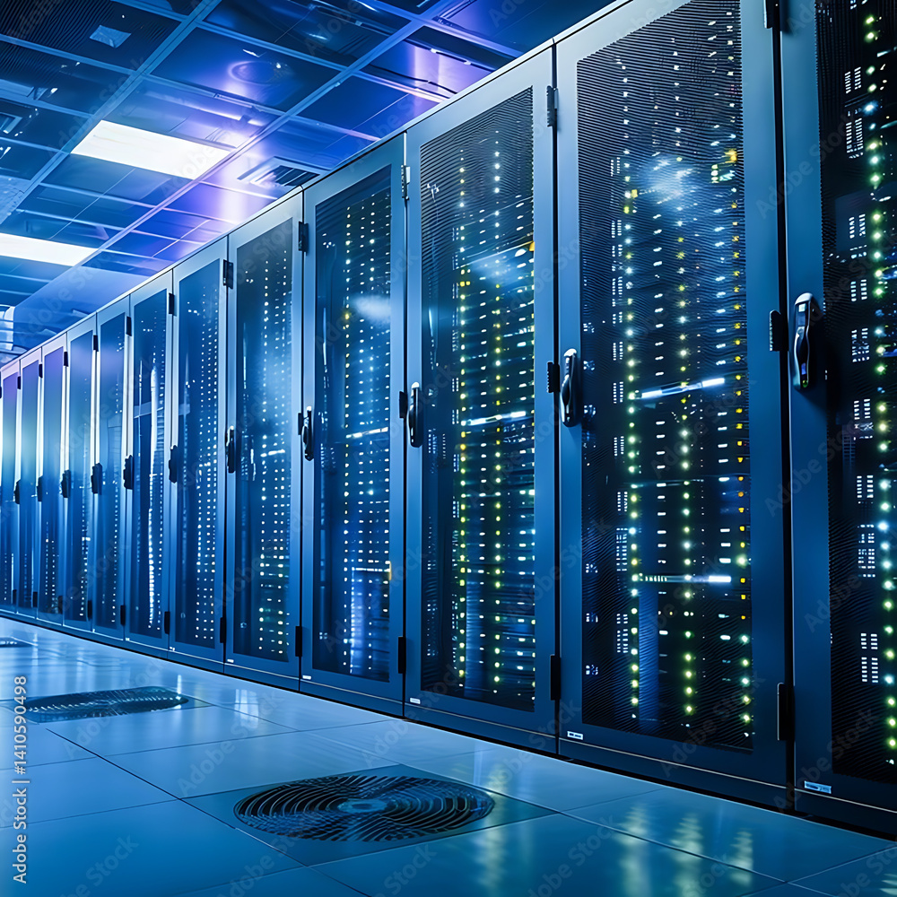 Poster modern data center interior with rows of server racks illuminated by blue lights. represents cloud c