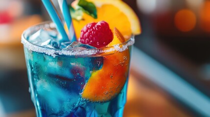 A vibrant blue cocktail garnished with raspberries, orange, and peach slices.