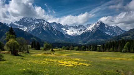 Fototapeta premium Lush Alpine Meadow with Snowy Peaks