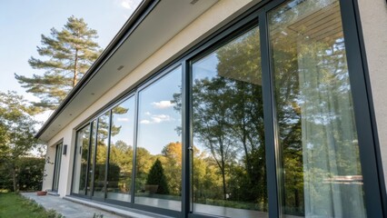 A medium closeup showcasing the use of heatreflective glass in a residential setting reflecting both natural surroundings and ambient light for a harmonious blend with the