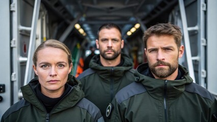 Fototapeta premium A medium closeup showing a team conducting final checks on a lightweight structure capturing their focused expressions amidst the backdrop of a rapid deployment scenario.