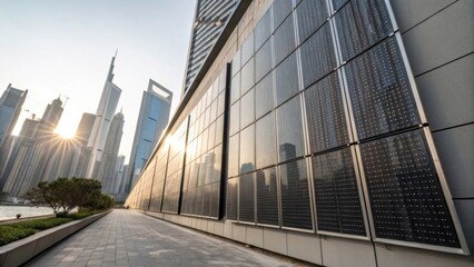 Obraz premium A medium closeup showing a series of vertical battery panels along a modern highrise building capturing reflections of the skyline on their surfaces enhancing both energy