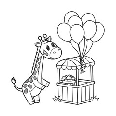 Cute Giraffe Holding Balloons Next to a Market Stand