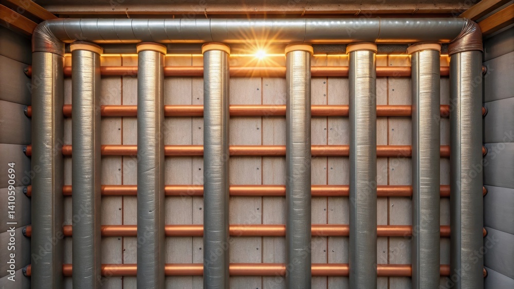 Poster a medium closeup view of a thermal energy storage wall system showcasing the insulation layers and e