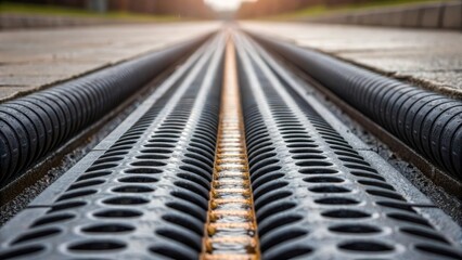 A medium closeup view of stormwater management beneath the pavement showing the channeling system made of perforated pipes that directs excess water away.