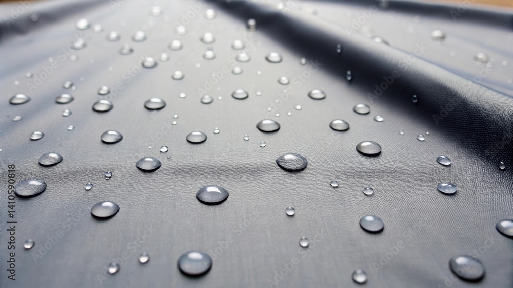 Poster An angled view of a waterproof coated fabric showing the interaction between the nanomaterial layer and a steady stream of water with droplets sitting on the surface illustrating