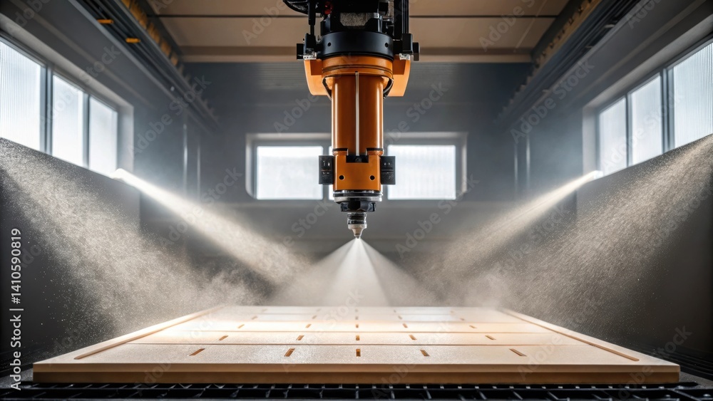 Aufkleber An angular shot of a robotic arm displaying its range of motion while carefully aligning a ceiling tile with dust particles illuminated in the beams of light streaming through a