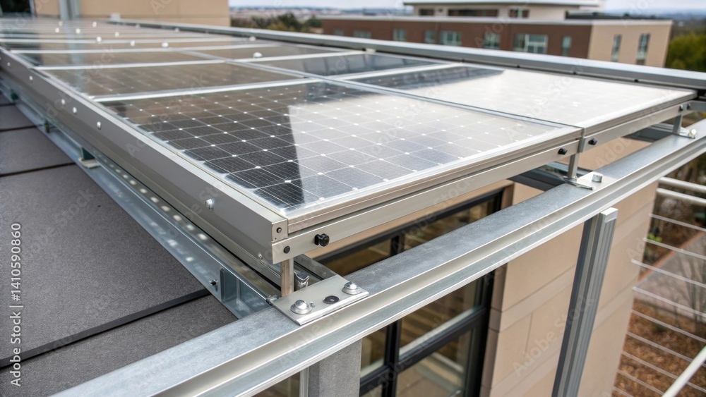 Poster an architectural detail shot highlights the edge of a transparent solar panel juxtaposed against a m