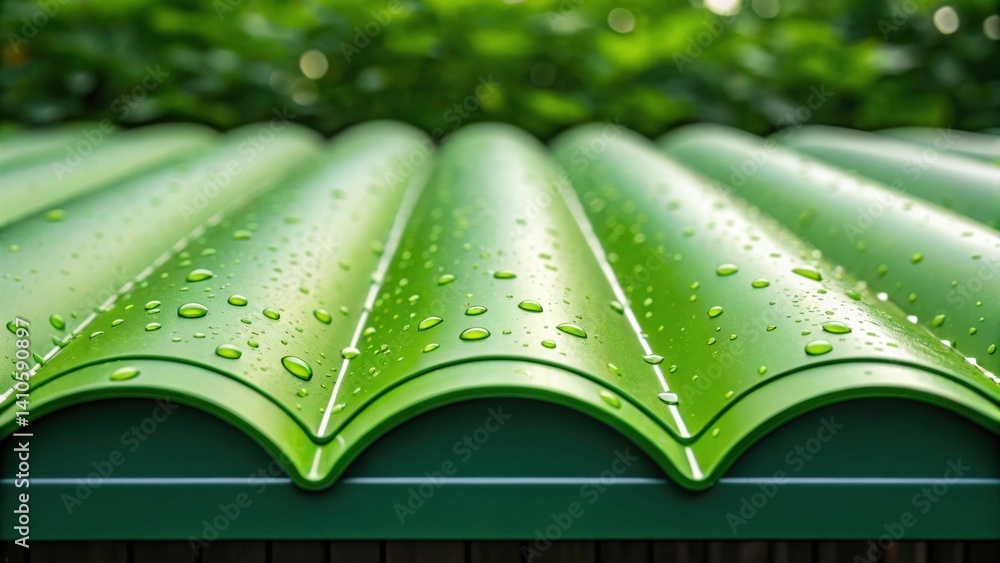 Poster an artistic angle showing the membrane rolled out on a green roof with droplets of water beading on 