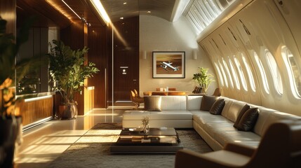 Luxurious private jet interior with elegant seating and stylish decor