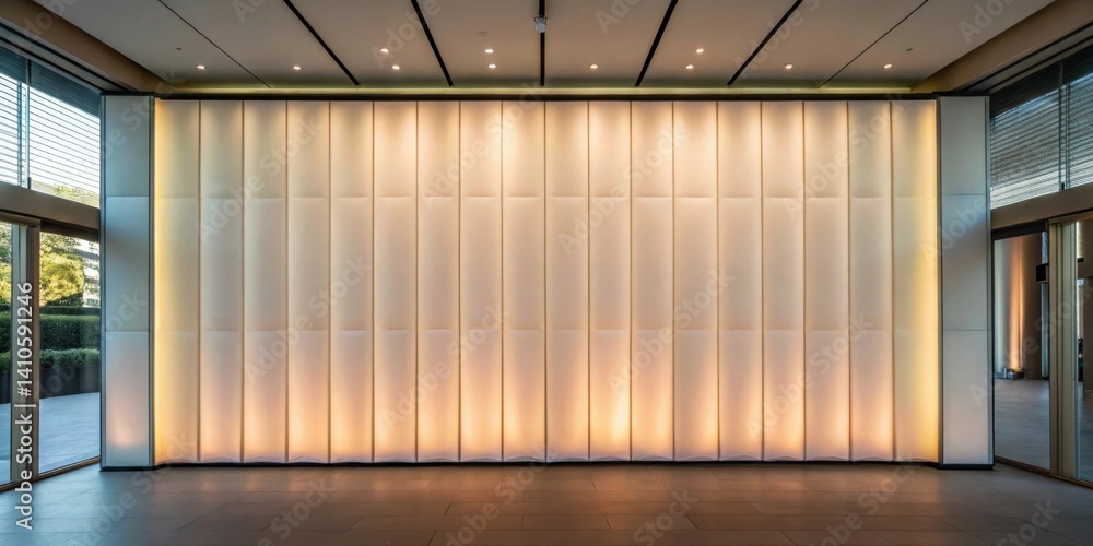 Poster An image of a lightfiltering translucent flexible wall showcasing the play of natural light as it filters through creating soft gradients across the rooms surfaces.