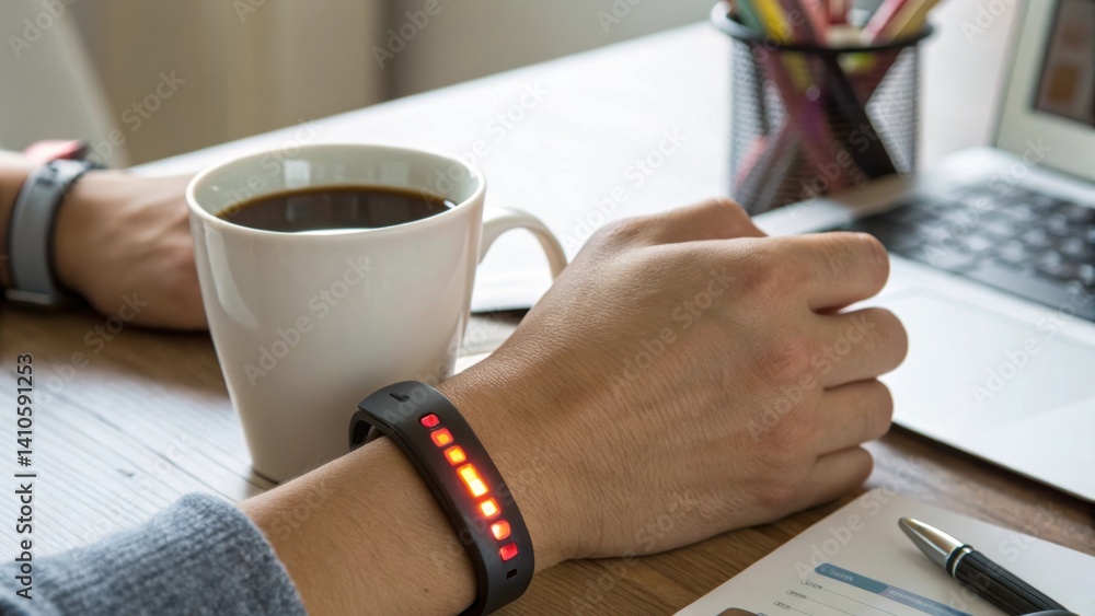 Aufkleber An image showing a smart bracelet glowing vibrantly resting on a hand holding a coffee mug symbolizing the balance of health monitoring and daily office routines.