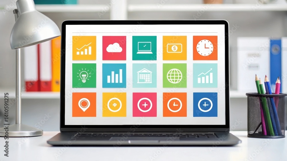Leinwandbilder An infographic displayed on a screen featuring icons representing various productivity metrics arranged in an aesthetically pleasing layout with vibrant colors.