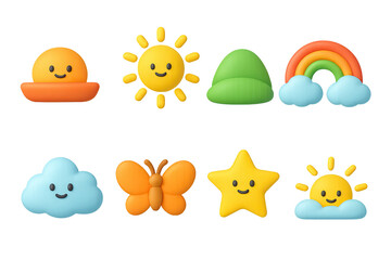 3D icon set of sunny weather: bird, hill, flower, star, mountain, light ray, rainbow, sunbeam. 3d icon. icons set of 3d style in a modern design. Isolated