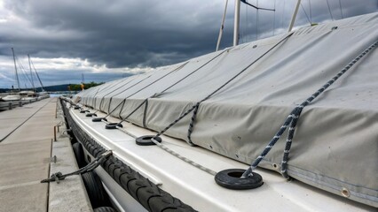 Fototapeta premium An image highlighting the edges of the covering secured with weights preventing movement and ensuring stability in high winds or inclement weather.