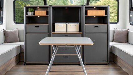 An interior closeup of the living space displaying compact yet functional furniture arrangements including a foldable dining table and multifunctional storage solutions.