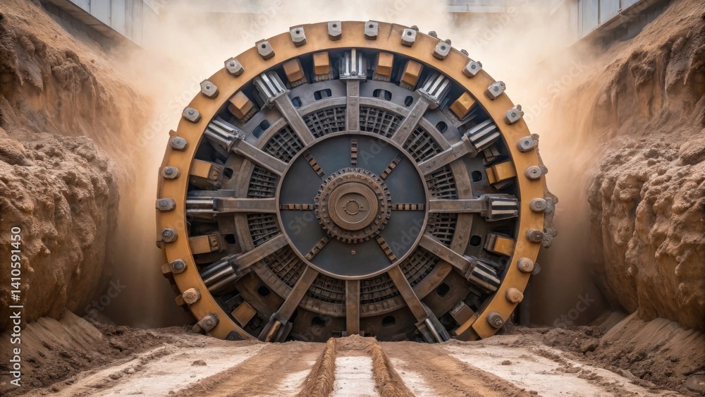 Poster An intricate view of the machines rotating ter head surrounded by a cloud of excavated earth showcasing the design and engineering involved in urban tunneling.