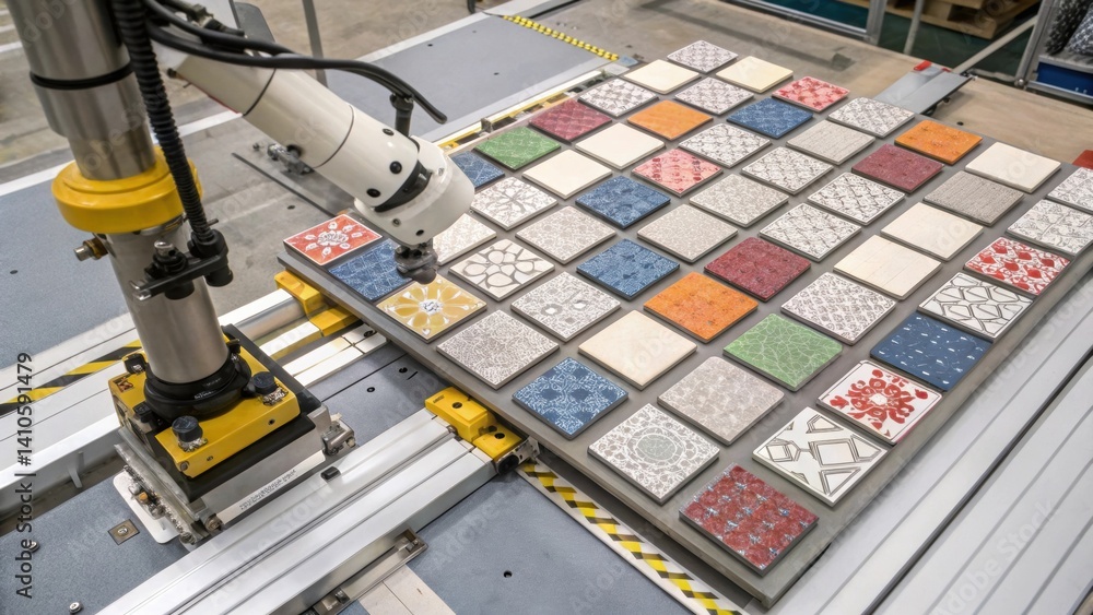 Poster An overhead medium closeup of tiles being organized by the robotic system emphasizing the contrast of colors and patterns within the carefully arranged workspace.