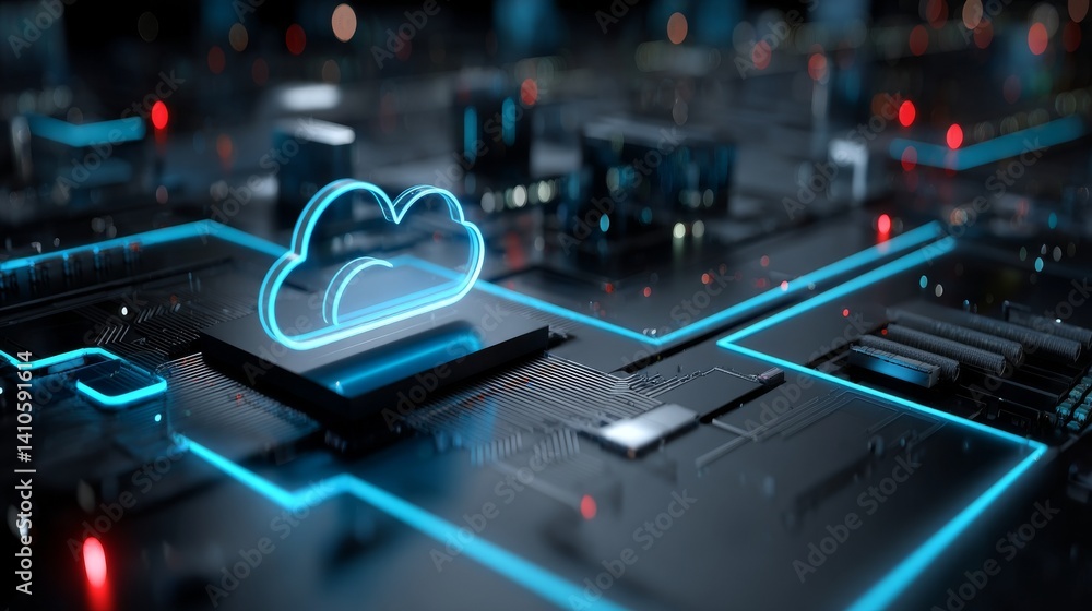 Poster the abstract motion of digital data flow is depicted in a futuristic digital hologram with a cloud i