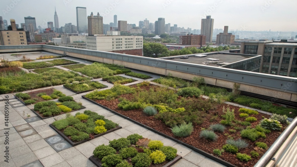 Poster an overhead view of a rooftop garden where carbonabsorbing plants and specialized soil are integrate
