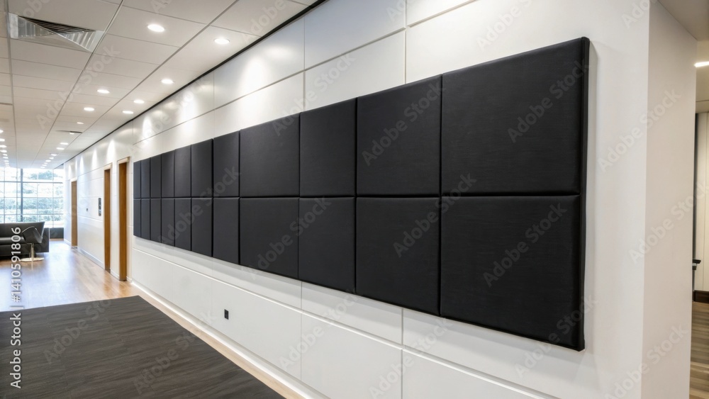 Poster a sleek black acoustic panel against a white wall capturing the elegant design choice for profession