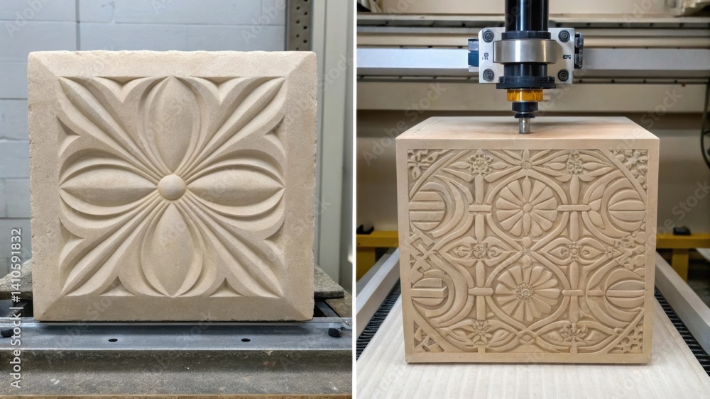Poster A sidebyside comparison displaying a natural stone block alongside an ongoing robotic carving project illustrating the transformative process and emerging artistry within the