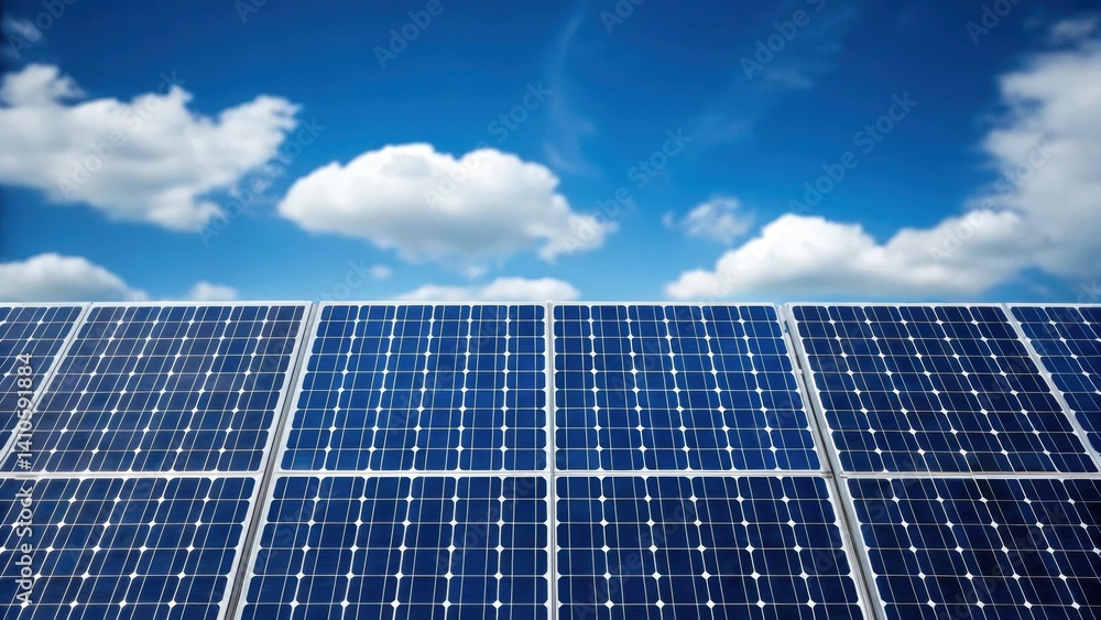 Poster A sunny closeup of the solar cells embedded on the barrier capturing intricate patterns of photovoltaic technology that convert sunlight into energy surrounded by a blue sky and