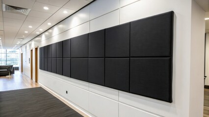 A sleek black acoustic panel against a white wall capturing the elegant design choice for professionals seeking both style and sound functionality in their office environment.