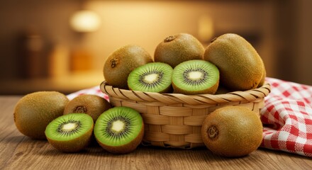 Basket filled with sliced kiwis and whole ones with fuzzy skin, rustic kitchen backdrop, checkered towel, warm lighting, cinematic composition