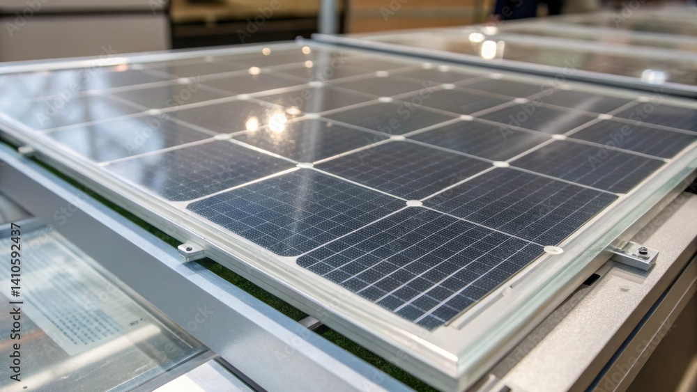 Poster closeup of a glass panel integrated with photovoltaic technology displaying a fine grid pattern that
