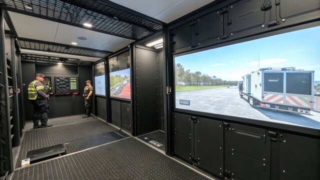 Closeup of a modular training environment with digital screens embedded in walls showcasing augmented simulations that provide immersive safety experiences.