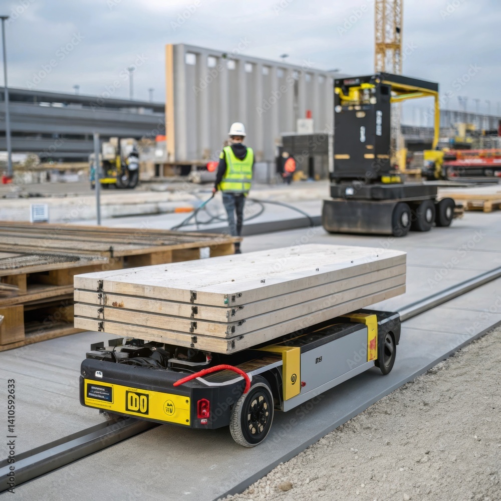 Poster Closeup of a robotic mobile platform transporting prefabricated cladding materials from a staging area to an installation site emphasizing logistics efficiency.
