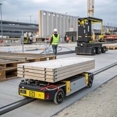 Naklejka premium Closeup of a robotic mobile platform transporting prefabricated cladding materials from a staging area to an installation site emphasizing logistics efficiency.