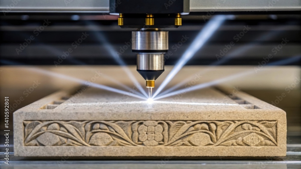 Aufkleber Closeup of a stone block under a robotic laser engraving tool emitting beams of light that precisely map out intricate designs highlighting advanced technology in stone artistry.