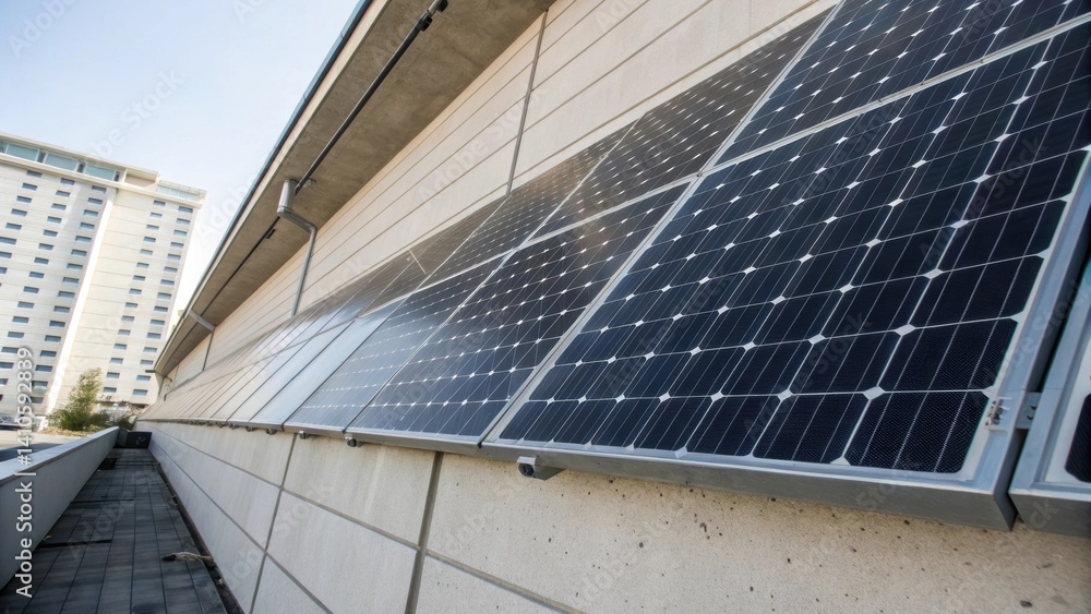 Poster Closeup of a solar panel embedded in a buildings wall displaying an intricate pattern of photovoltaic cells that are nearly invisible enhancing the structures aesthetics.