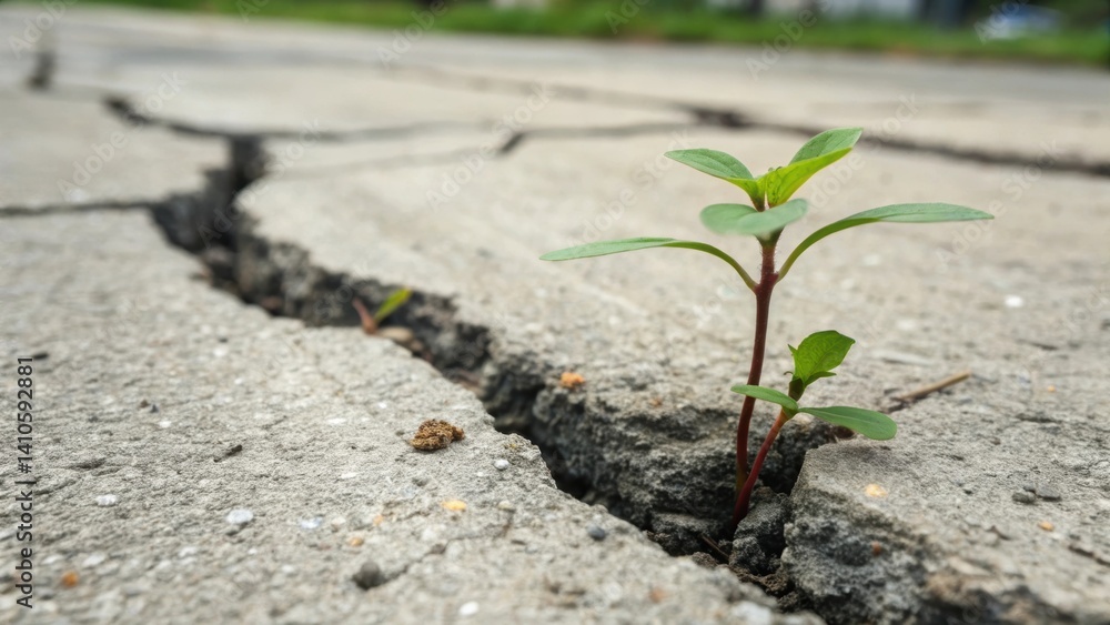 Poster closeup of a tiny plant sprouting from a fissure in selfhealing concrete symbolizing the blend of na