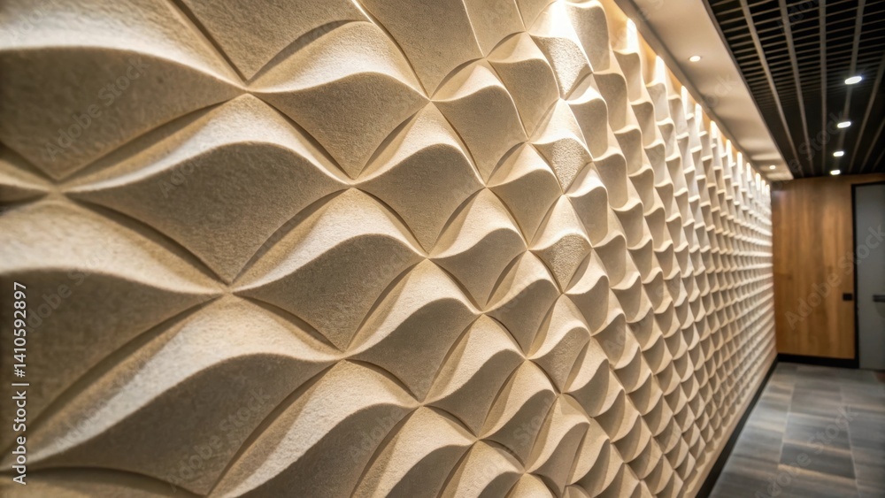 Poster Closeup of a soundproofing panel featuring an innovative 3D wave design capturing light and shadows that accentuate its depth while promoting improved auditory clarity in any