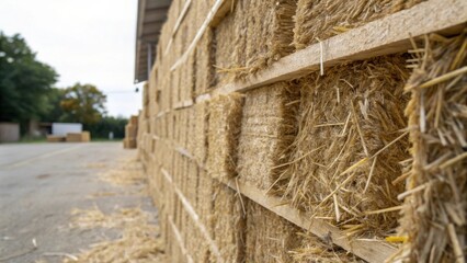 Closeup of a stack of compressed straw bales exhibiting their rustic natural fibers and straw patterns used for insulation in ecofriendly building projects.