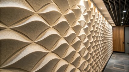 Closeup of a soundproofing panel featuring an innovative 3D wave design capturing light and shadows that accentuate its depth while promoting improved auditory clarity in any