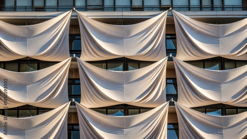 Aufkleber Closeup of large undulating textile elements attached to a building gently flapping in the wind creating a rhythmic interaction with the changing weather.