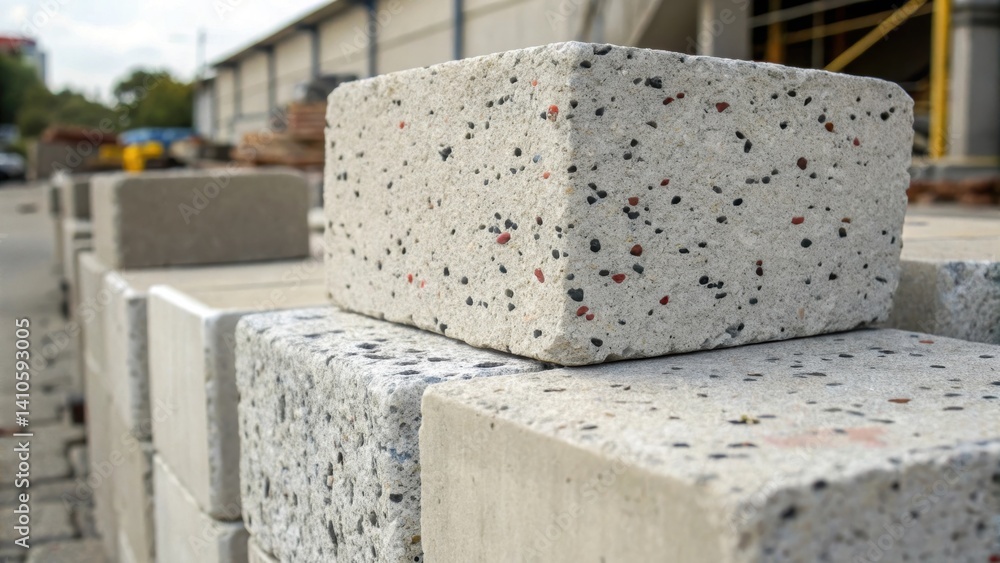 Poster closeup of concrete blocks that incorporate recycled tires showcasing the speckled surface and stron