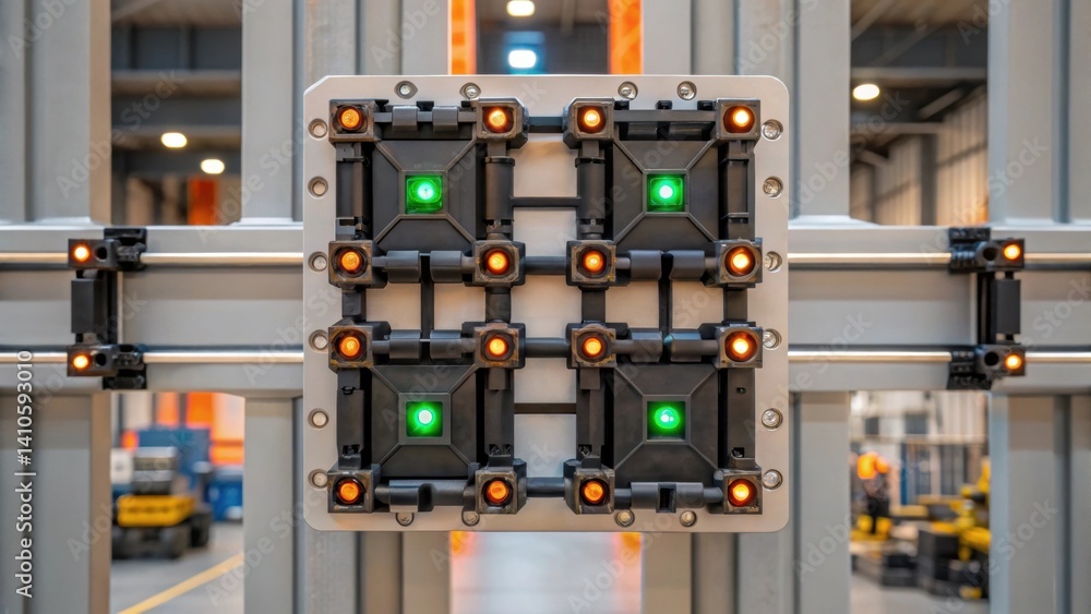 Aufkleber Closeup of interconnected modules showcasing intricate mechanical joints and sensors glowing with LED indicators set against a backdrop of partially assembled walls in a bustling