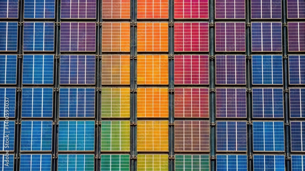 Fototapete closeup of multicolored photovoltaic cells on a faã§ade designed to follow the suns trajectory showc