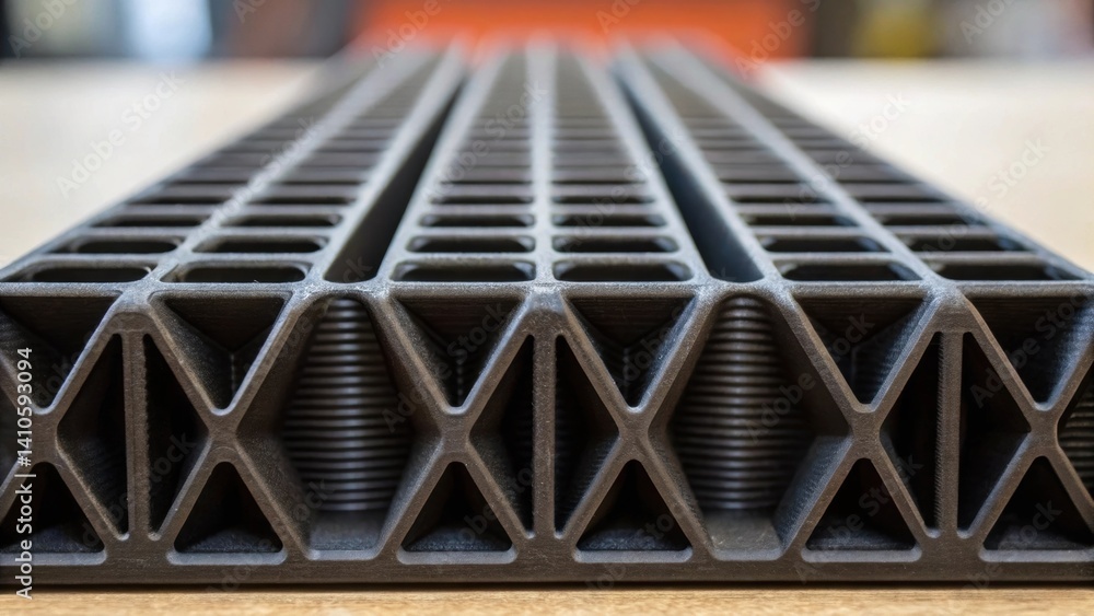 Poster Closeup of loadbearing elements focusing on how the 3Dprinted design distributes weight evenly across a series of ridges showcasing engineering efficiency with a tingedge material.