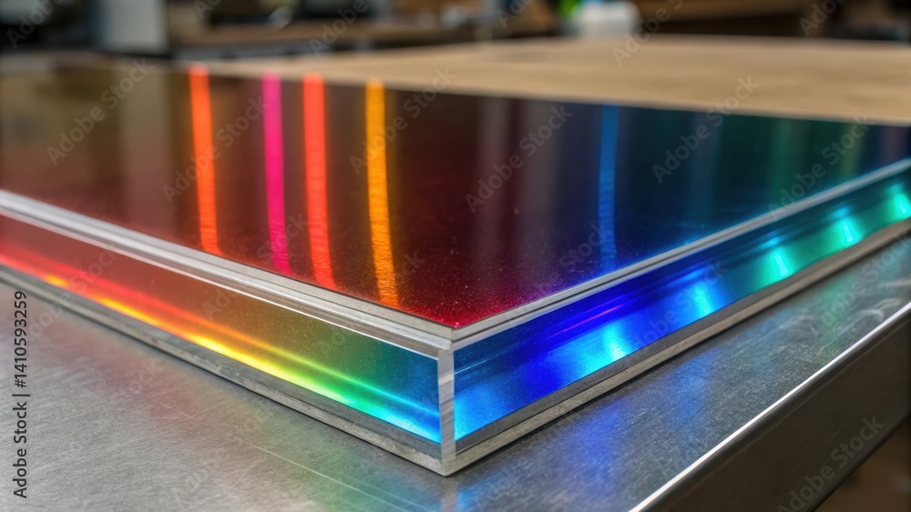 Poster Closeup of the edges of a transparent aluminum panel where light refracts through the material creating a spectrum of colors along the border.