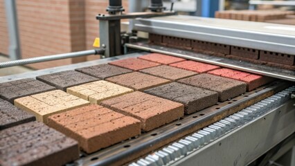 Closeup of textured bricks being lifted by a conveyor belt within the machine revealing the intricate surfaces and colors of each brick as they move toward the laying mechanism.