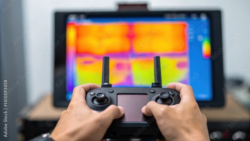 Poster Closeup shot of the drone operators hands controlling the device with a thermal monitoring screen in the background depicting areas of heat leakage in vibrant hues.
